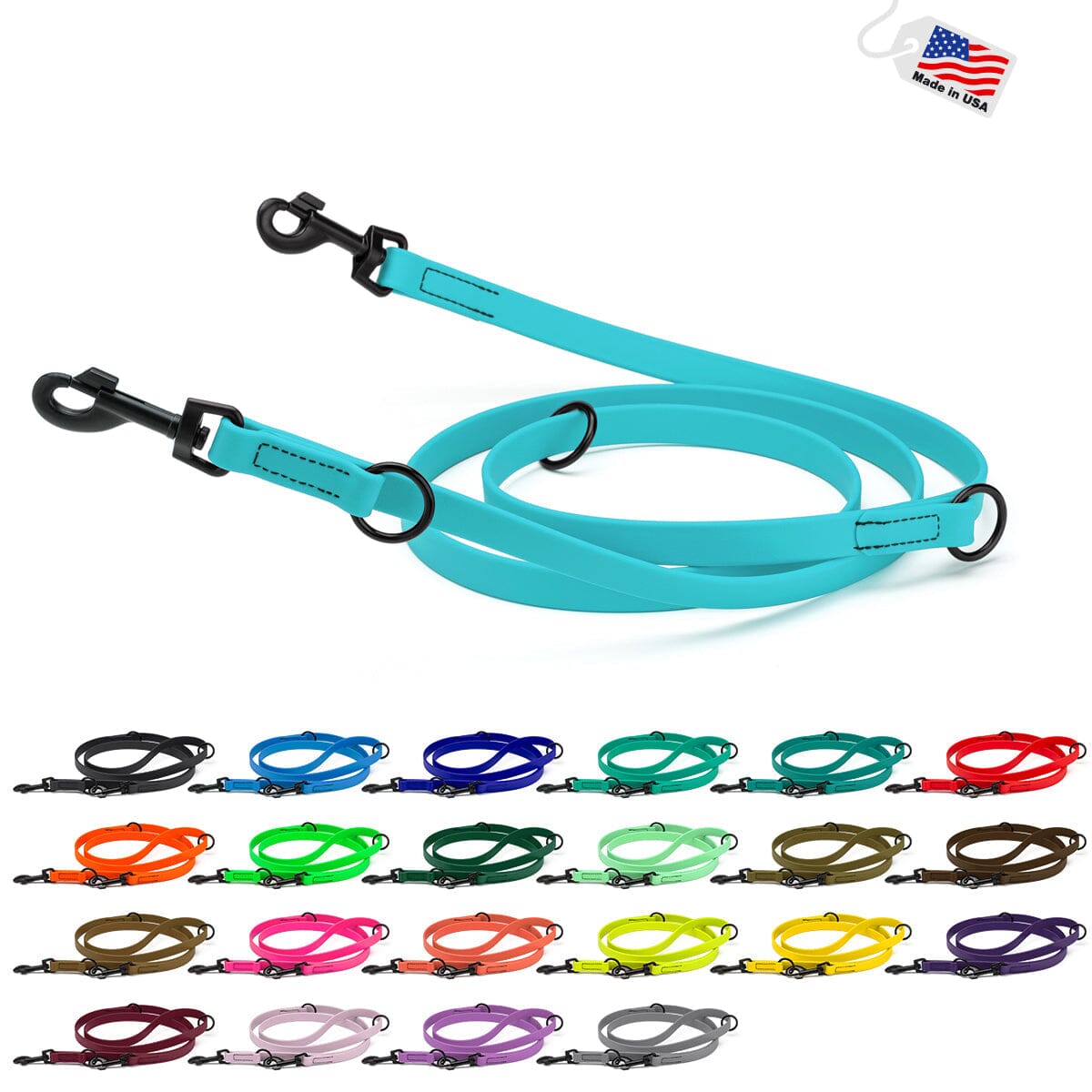 Biothane Adjustable Multi-Purpose Dog Leash with Black Hardware, 7FT